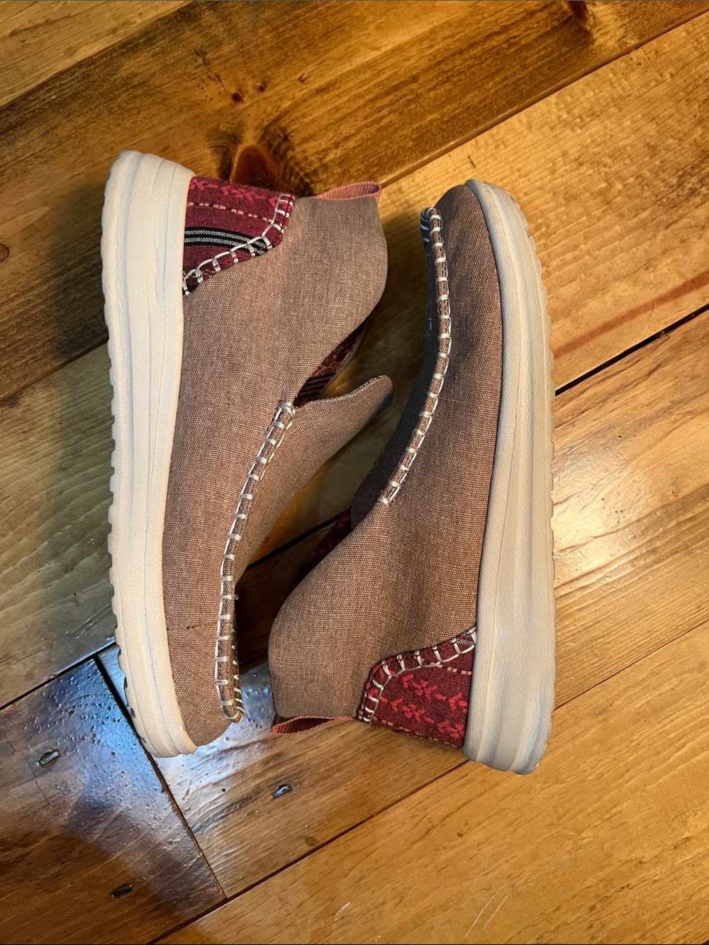 Hey Dude Women's Slip-On Loafers in Taupe with Red Patterned Heel - Picture 4 of 5